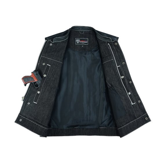 Men's Denim Leather Vest with White Stitching - Picture 4 of 7